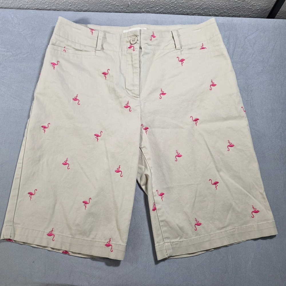 Talbots Womens Tan Khaki Pink Flamingo Embroidered Chino Shorts Size 6 Tropical‎